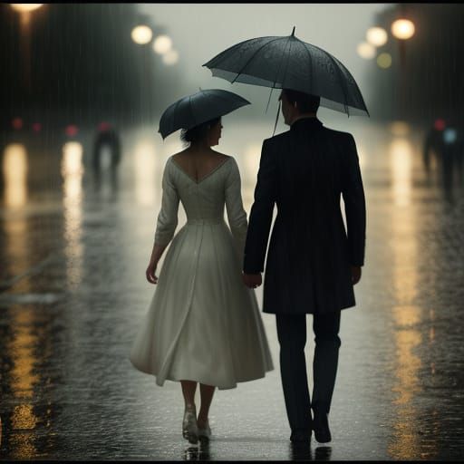 Couple Walks in Rain, Golden Hour Cinematic Film Still