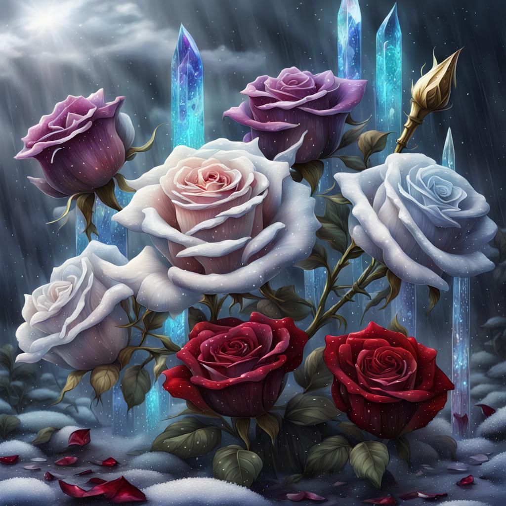 Cosmic Crystal Dissolving with Roses in Dark Fantasy Style
