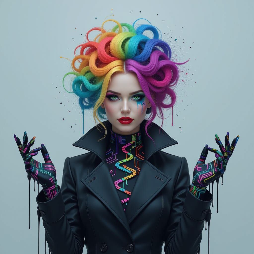 Woman with DNA Hair in Cyberpunk Surrealism