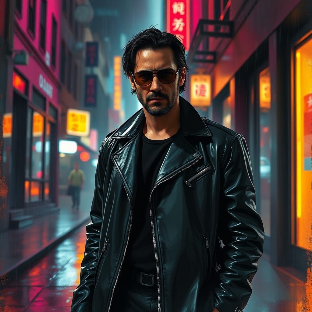 Keanu Reeves in Futuristic Noir Cityscape