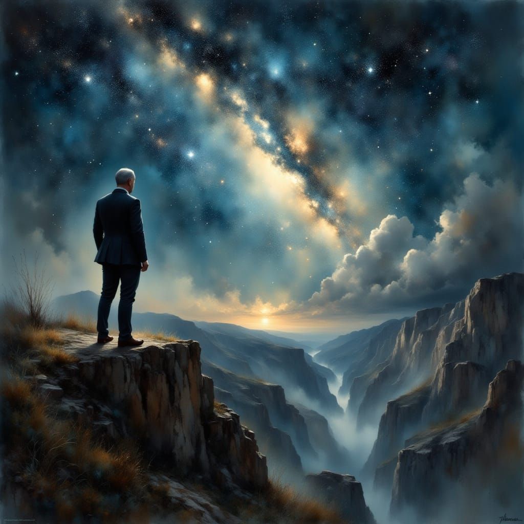 Benjamin Netanyahu on Precipice Under Starry Sky