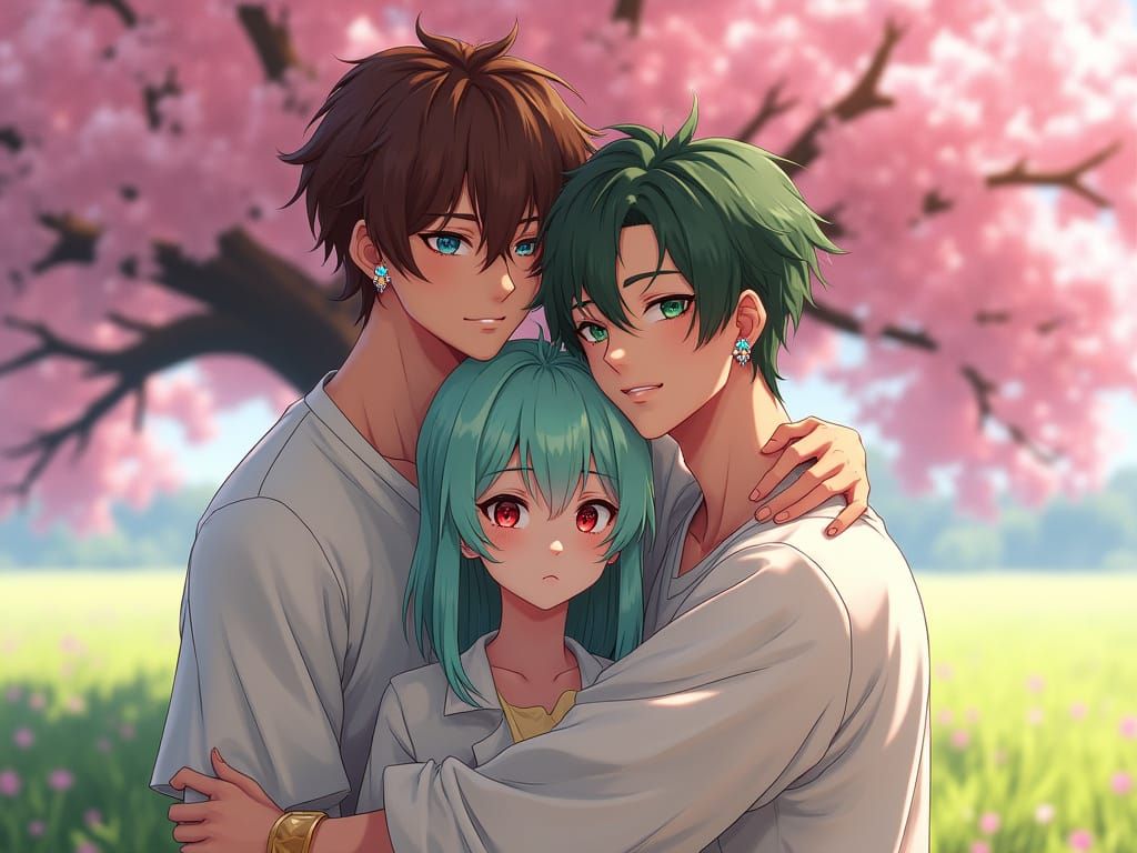 Anime Art: Two Young Men Hugging in Cherry Blossom Meadow