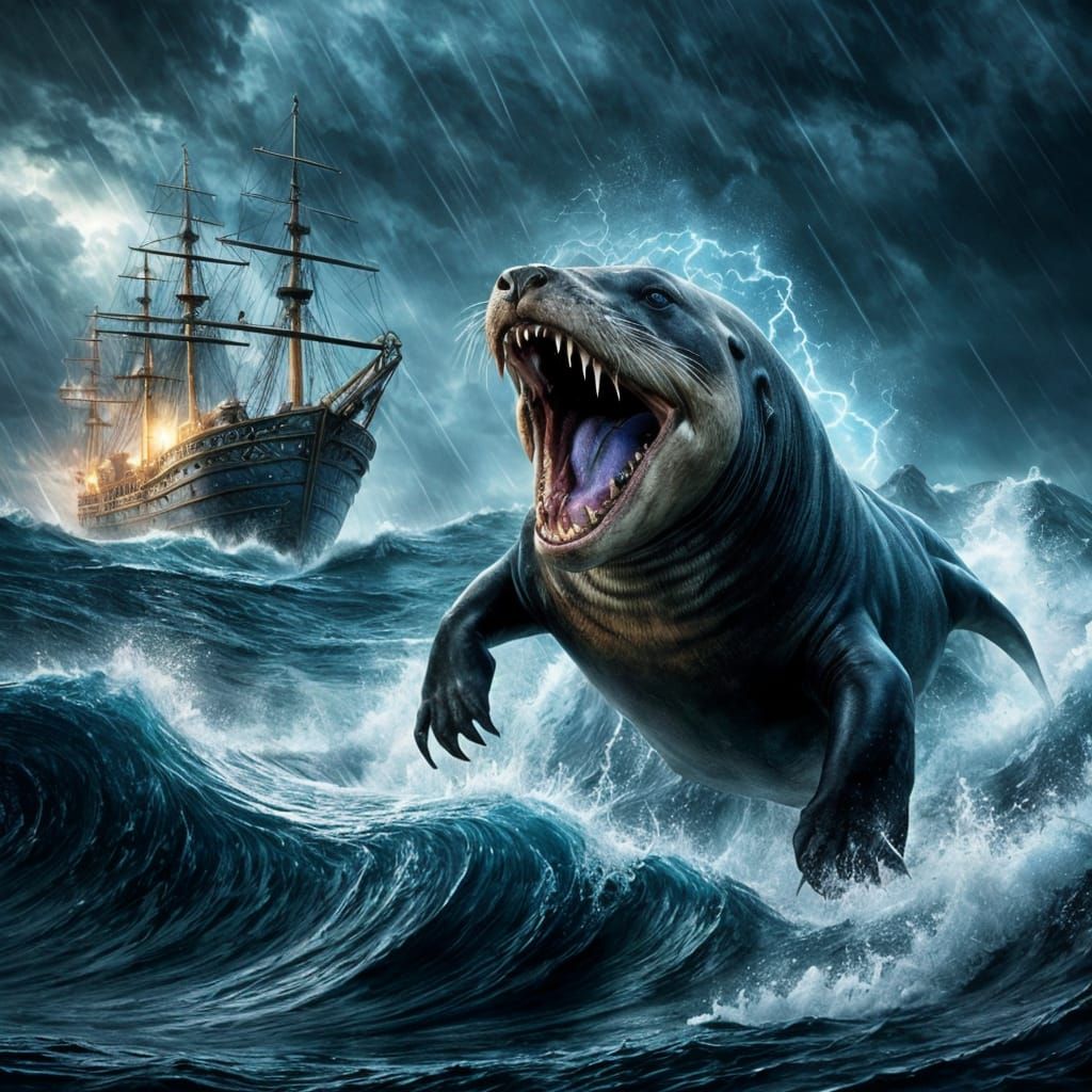 Mosasaur Sea Lion Hybrid Attacks Ship: Digital Art
