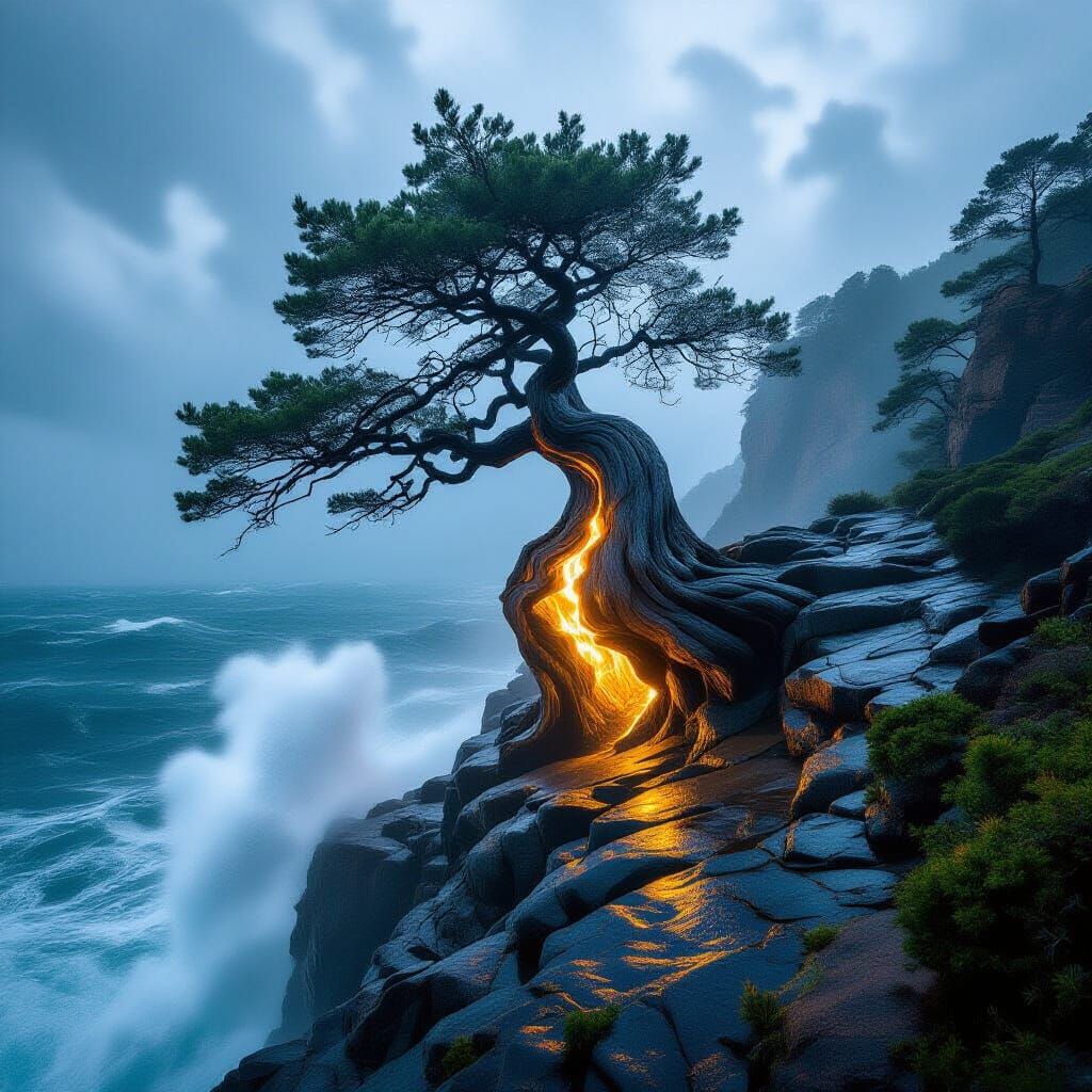Ancient Tree on Stormy Cliff Edge with Golden Light