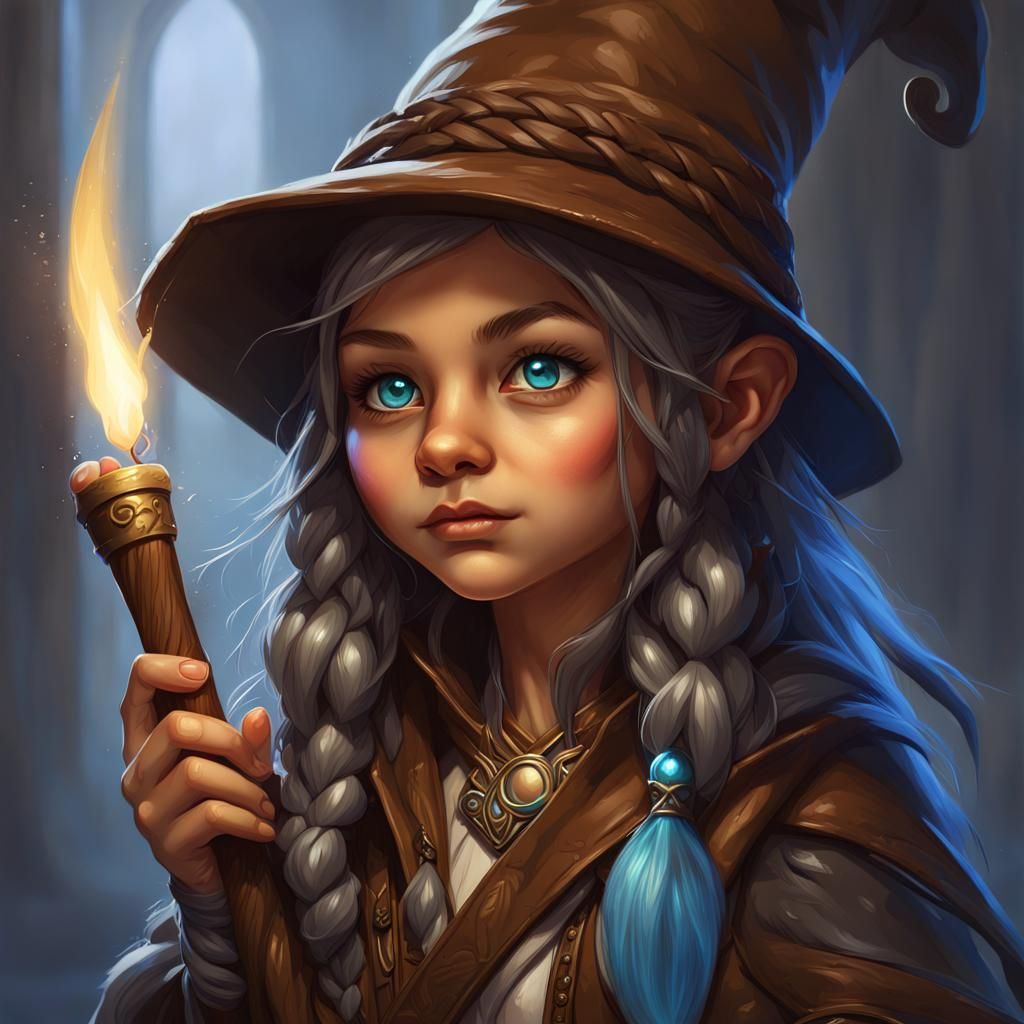 Detailed Gnome Female Mage in Digital Painting Style