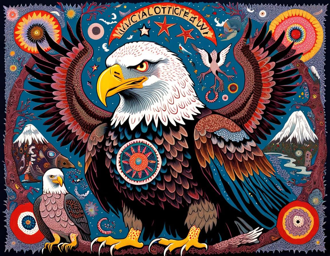 Surreal Folk Art Whimsy: A Bald Eagle's Descent into Chaos