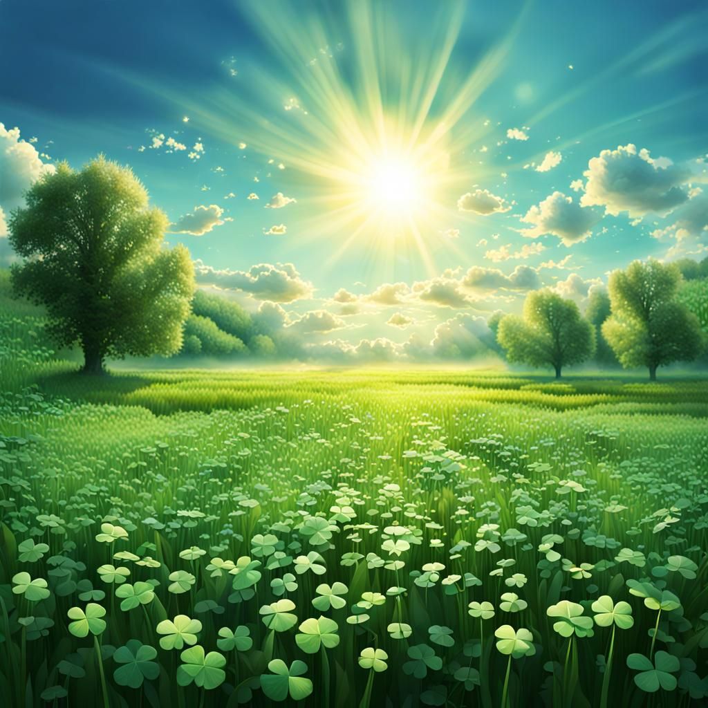 Four-Leaf Clover Meadow in Digital Matte Painting Style