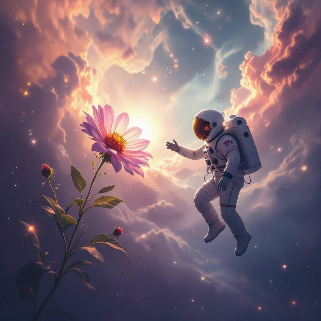 Astronaut Reaches for Wildflower in Cosmic Nebula