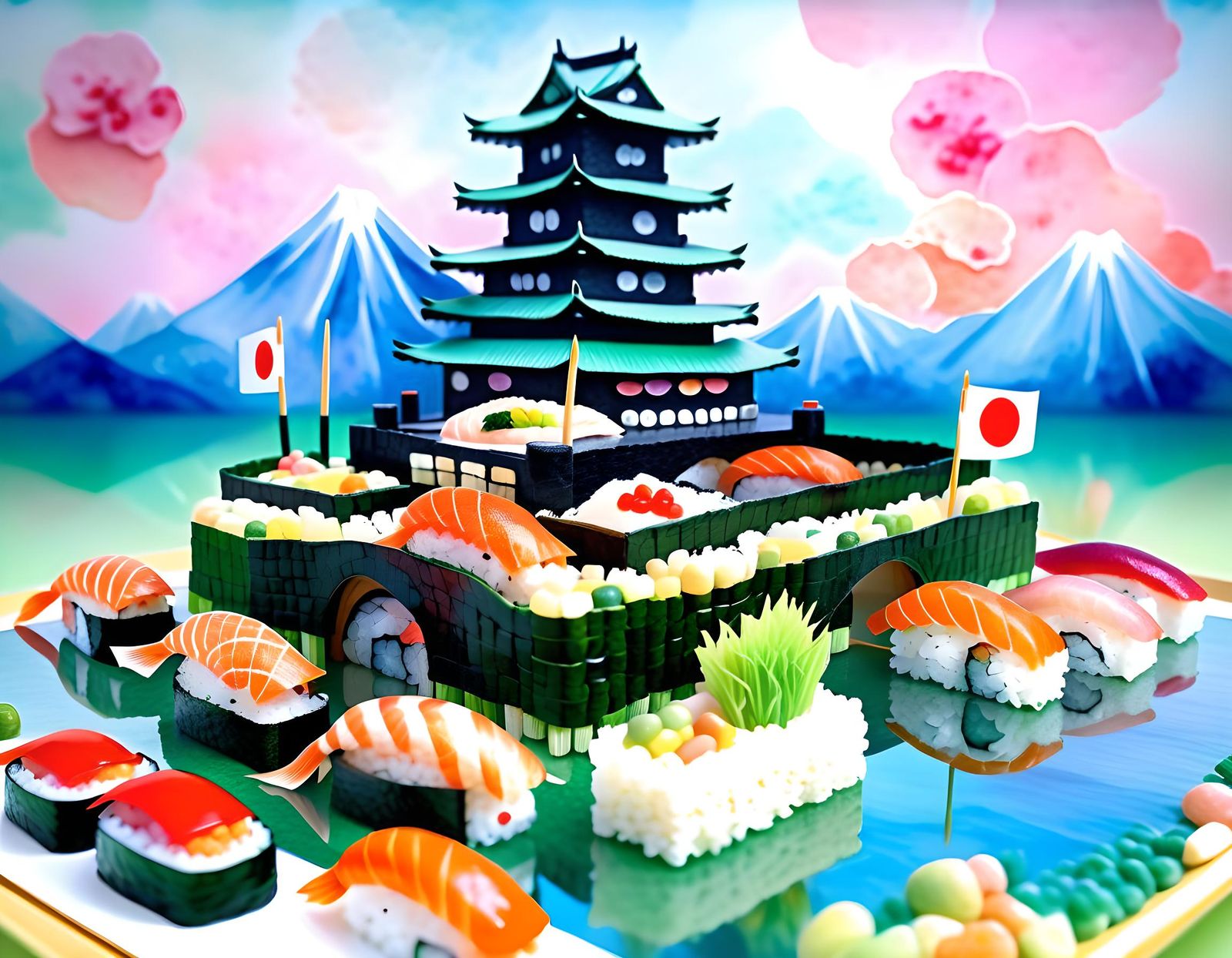 Sushi Castle in Impressionist Watercolor Style