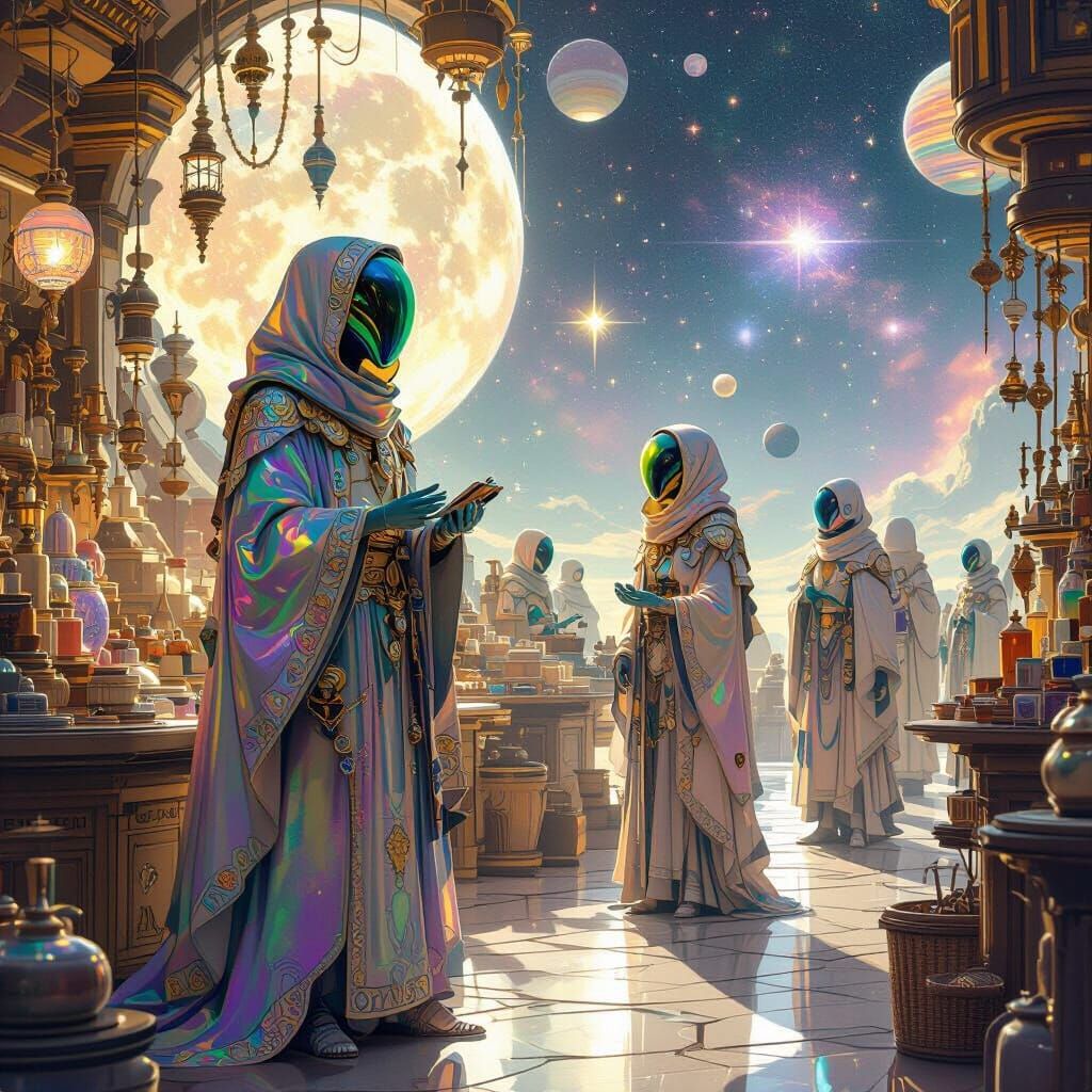 Intergalactic Market with Aliens in Nebulae Landscape