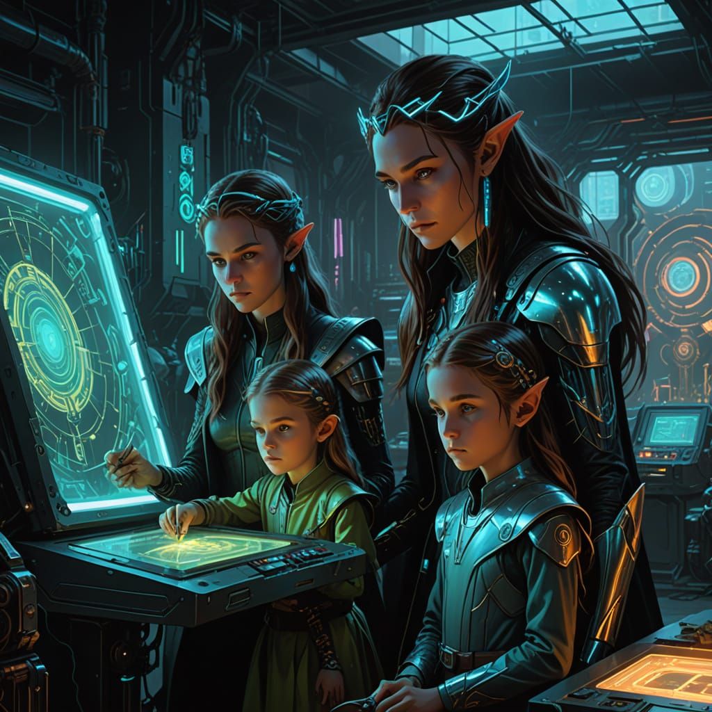 Elven Queen in Cyberpunk Lab: Digital Painting