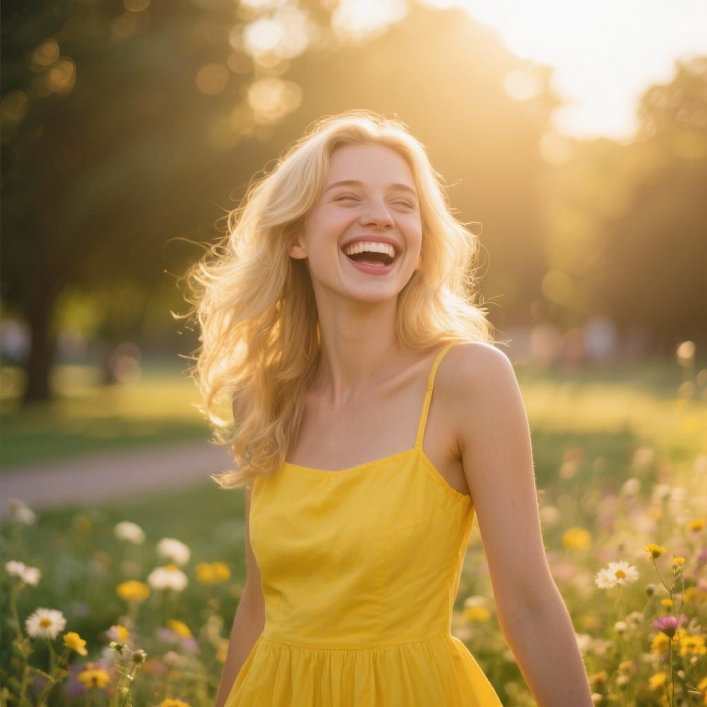 Joyful Woman Laughing in Golden Hour Park