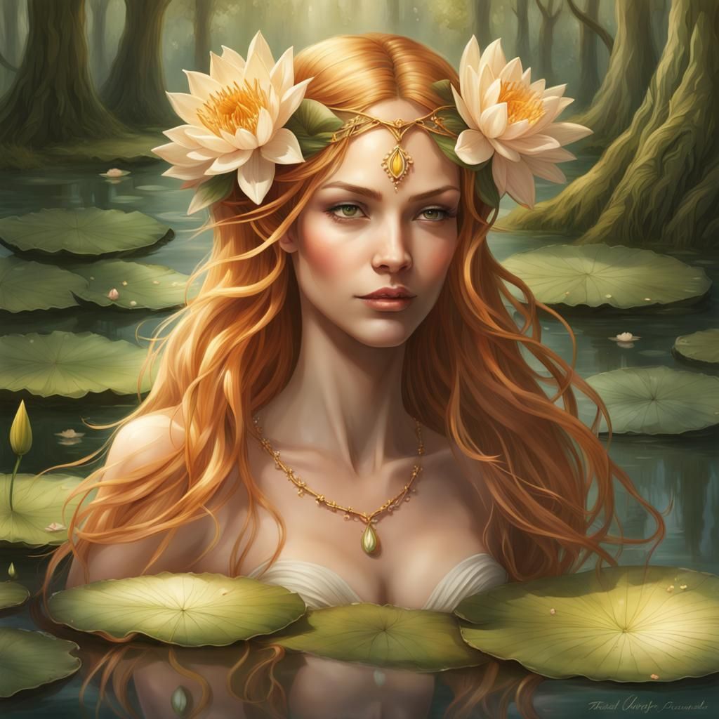 Enchanting Elven Woman in Water Lily Glade
