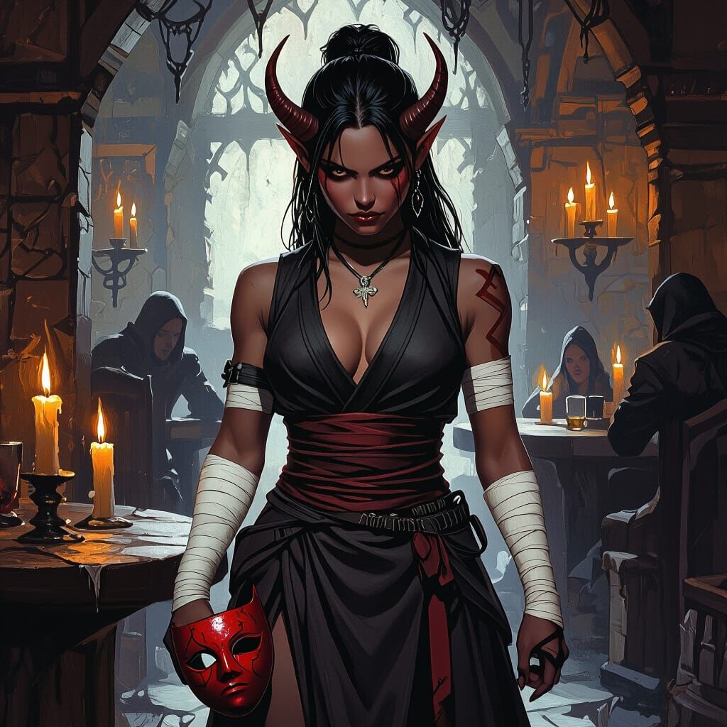 Tiefling Monk in Gothic Tavern, Dark Fantasy Art