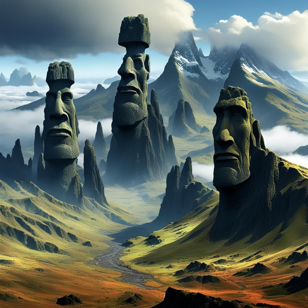 Mandelbulb Fractal Landscape with Stone Head Peaks