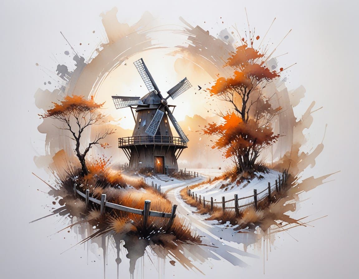 Misty Winter Sunrise Over Snow With Golden Light