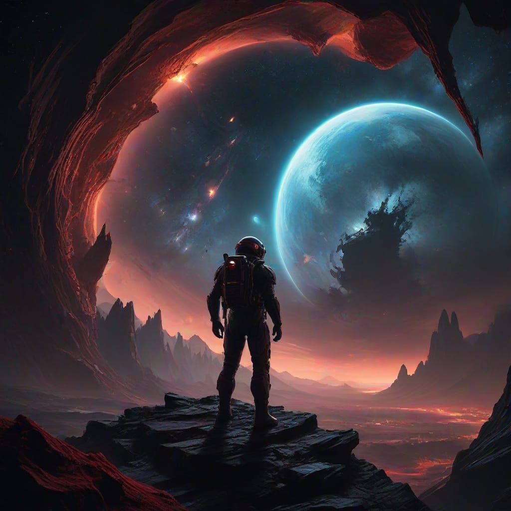 Astronaut on Crimson Planet Gazing at Nebula in Biomechanica...