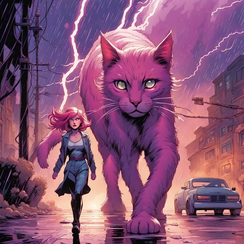Pink Haired Woman and Giant Cat in Storm