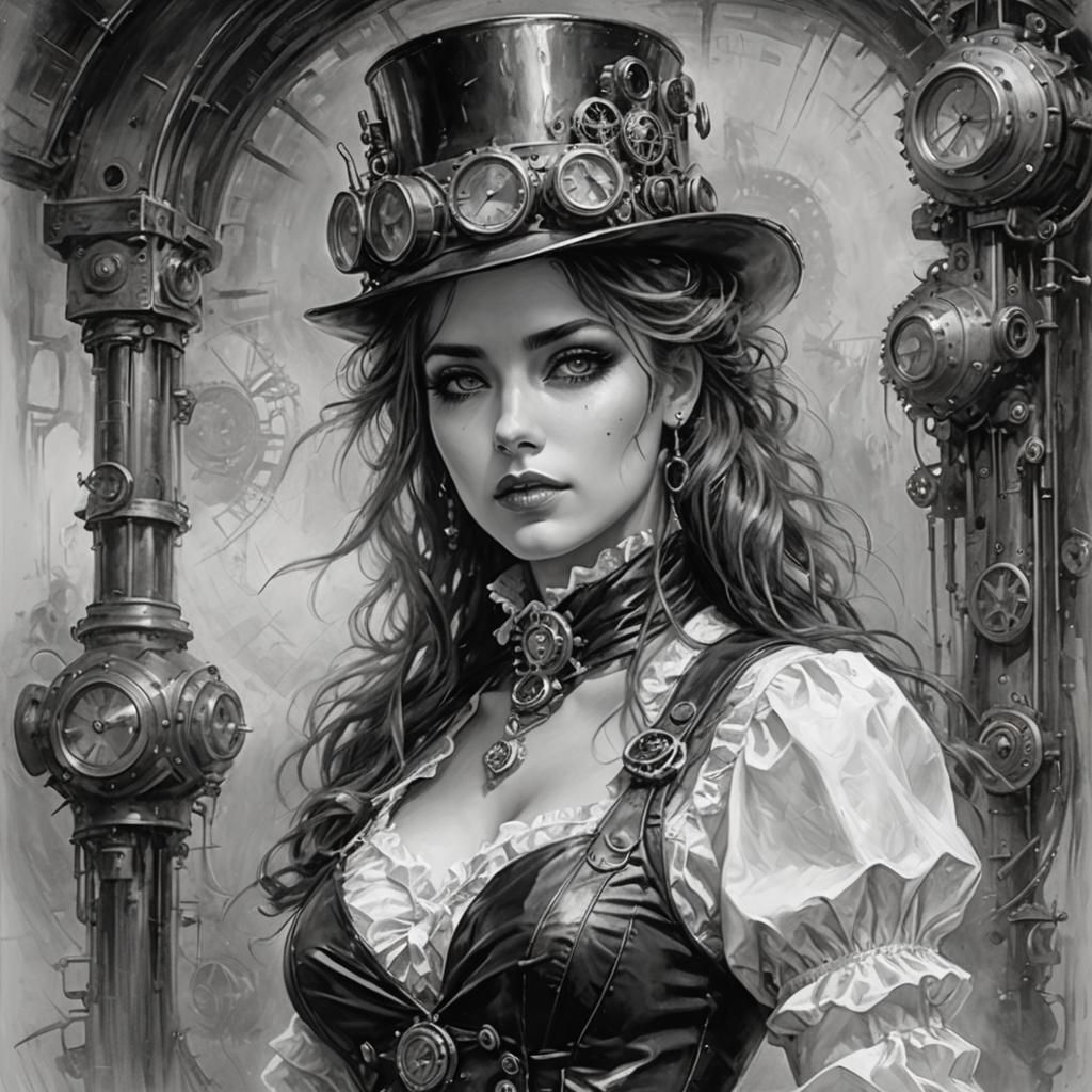 Steampunk Woman in Black and White, Royo Style