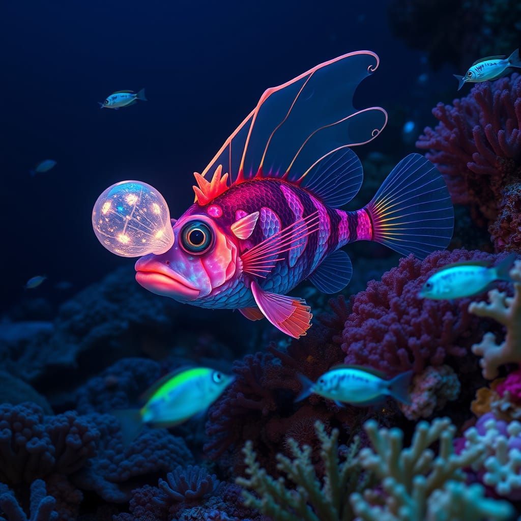 Bioluminescent Anglerfish in Coral Reef, Hyperdetailed