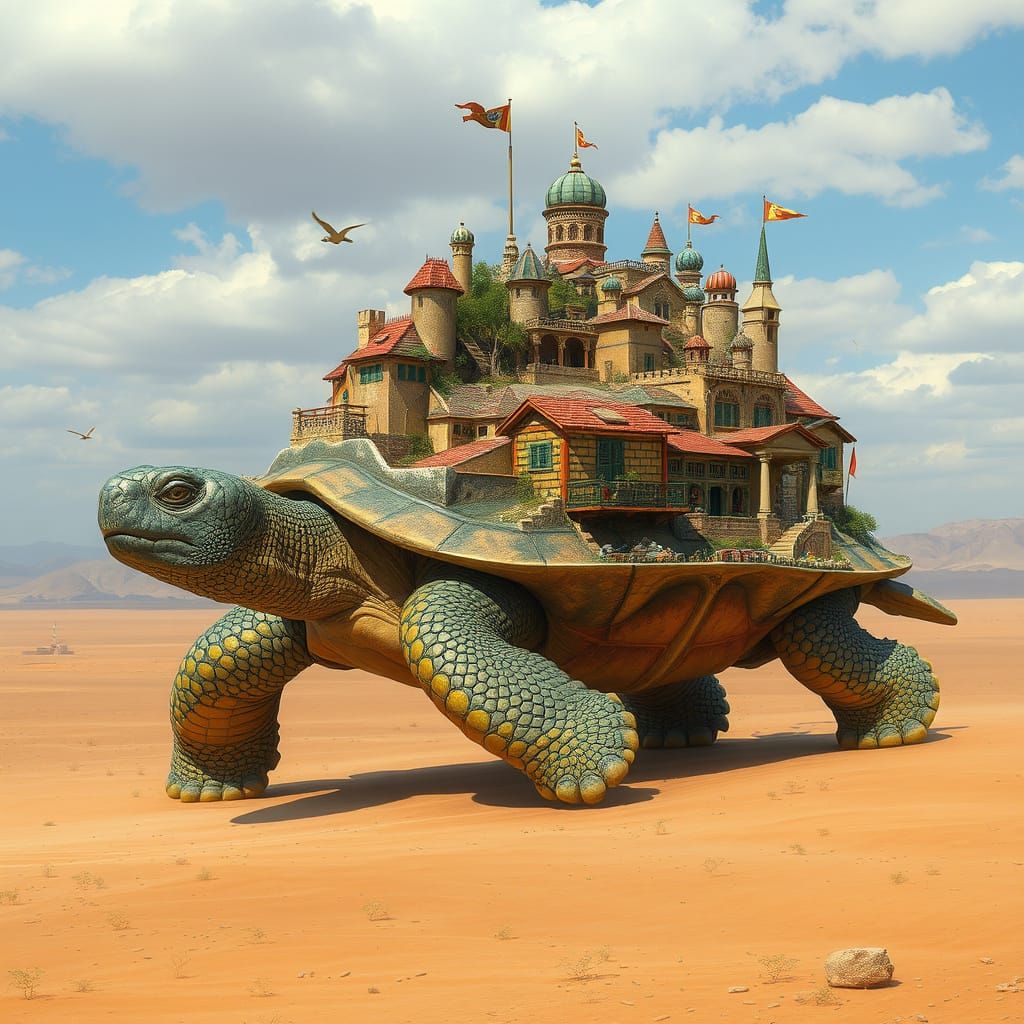 Colossal Turtle Village in Dreamlike Desert Landscape
