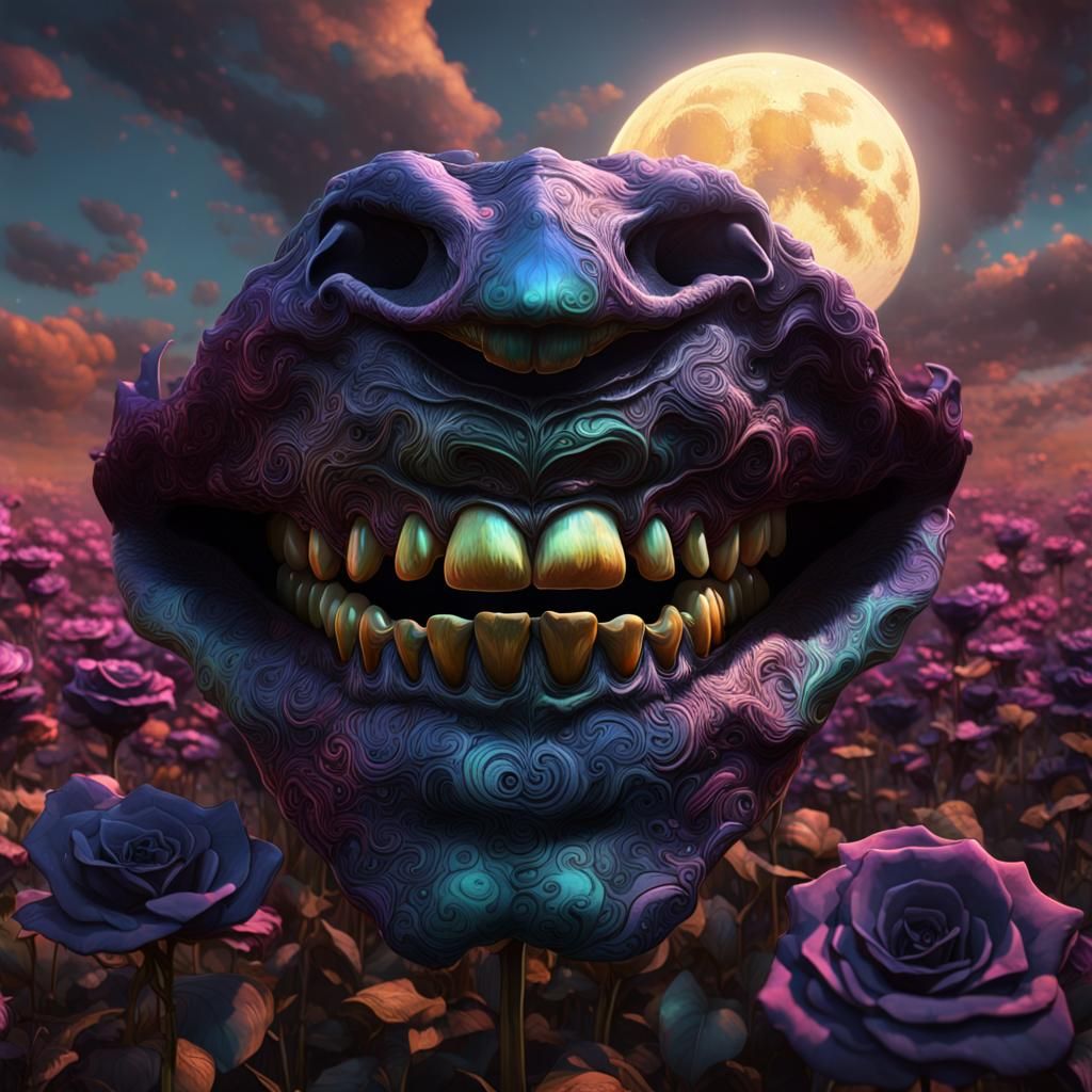 Iridescent Mouth over Black Roses: Dark Fantasy Art