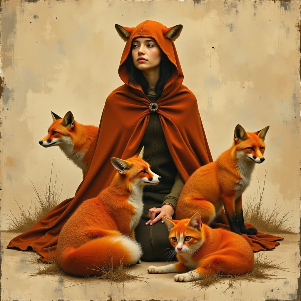 Ginger Woman with Fox and Cat in Whimsical Style