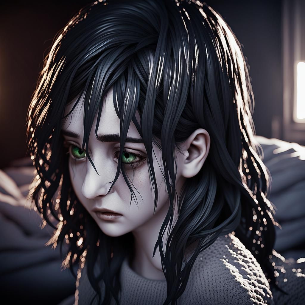 Sad Woman in Bed: 3D Anime Art