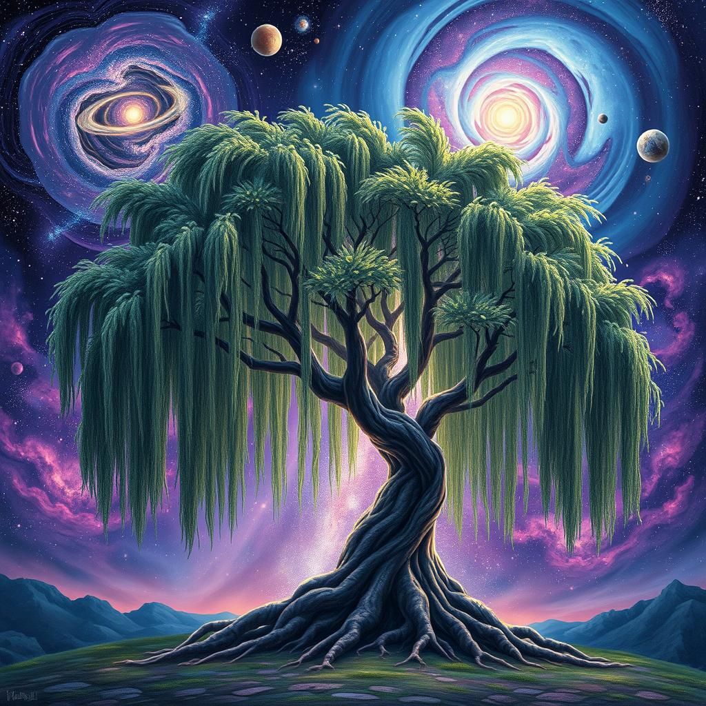 Cosmic Weeping Willow Tree Under Nebula Sky
