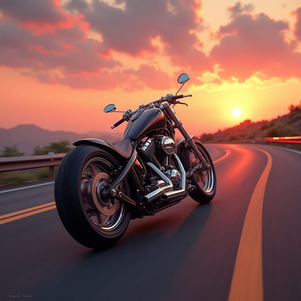 Motorcycle Rides into Futuristic Sunset