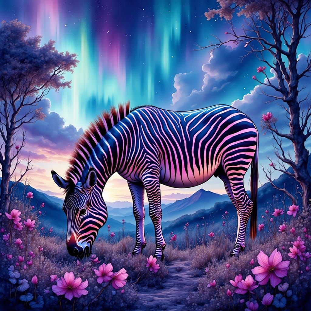 Glowing Zebra in Neon Bioluminescent Landscape