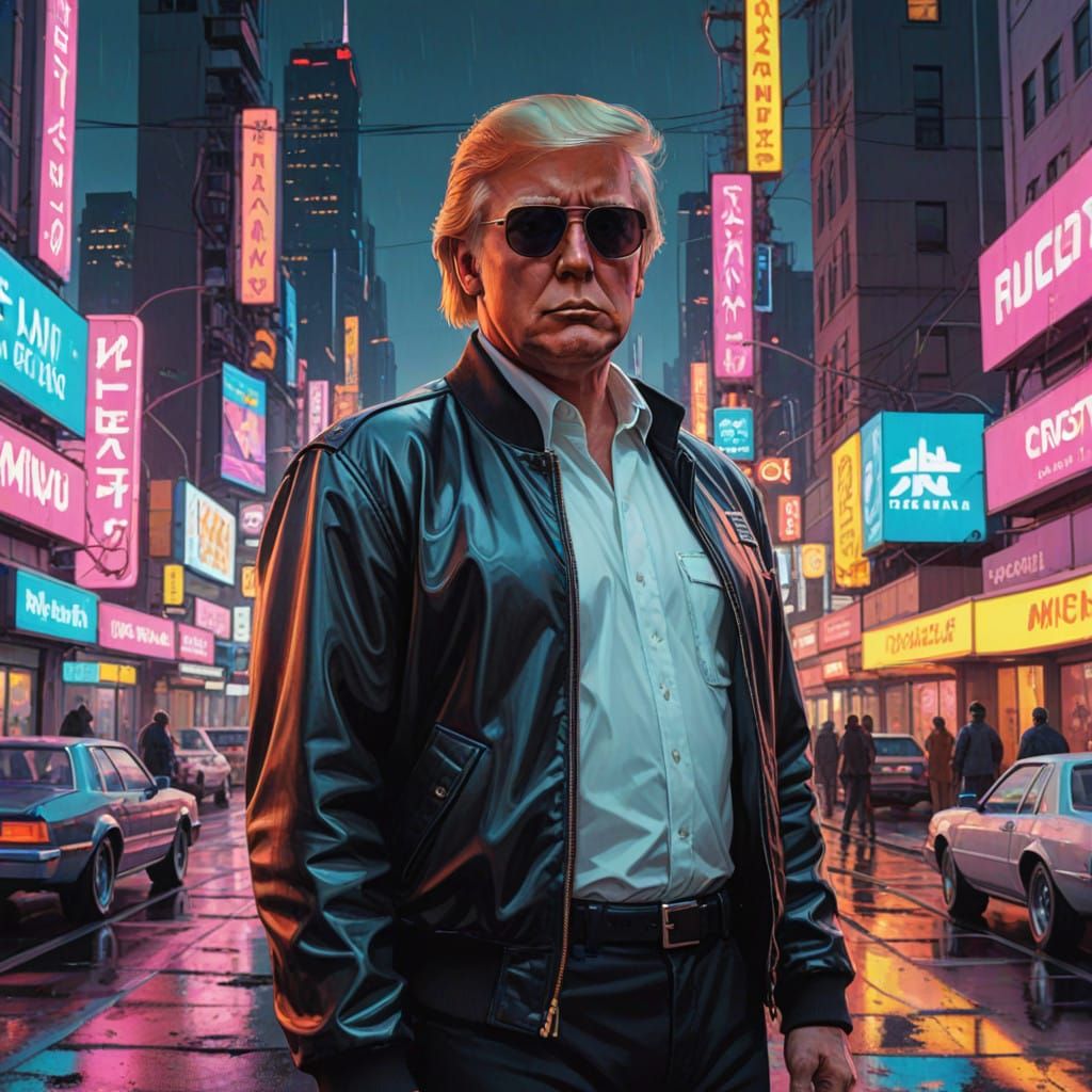 Synthwave Donald Trump in Neon Futuristic Cityscape