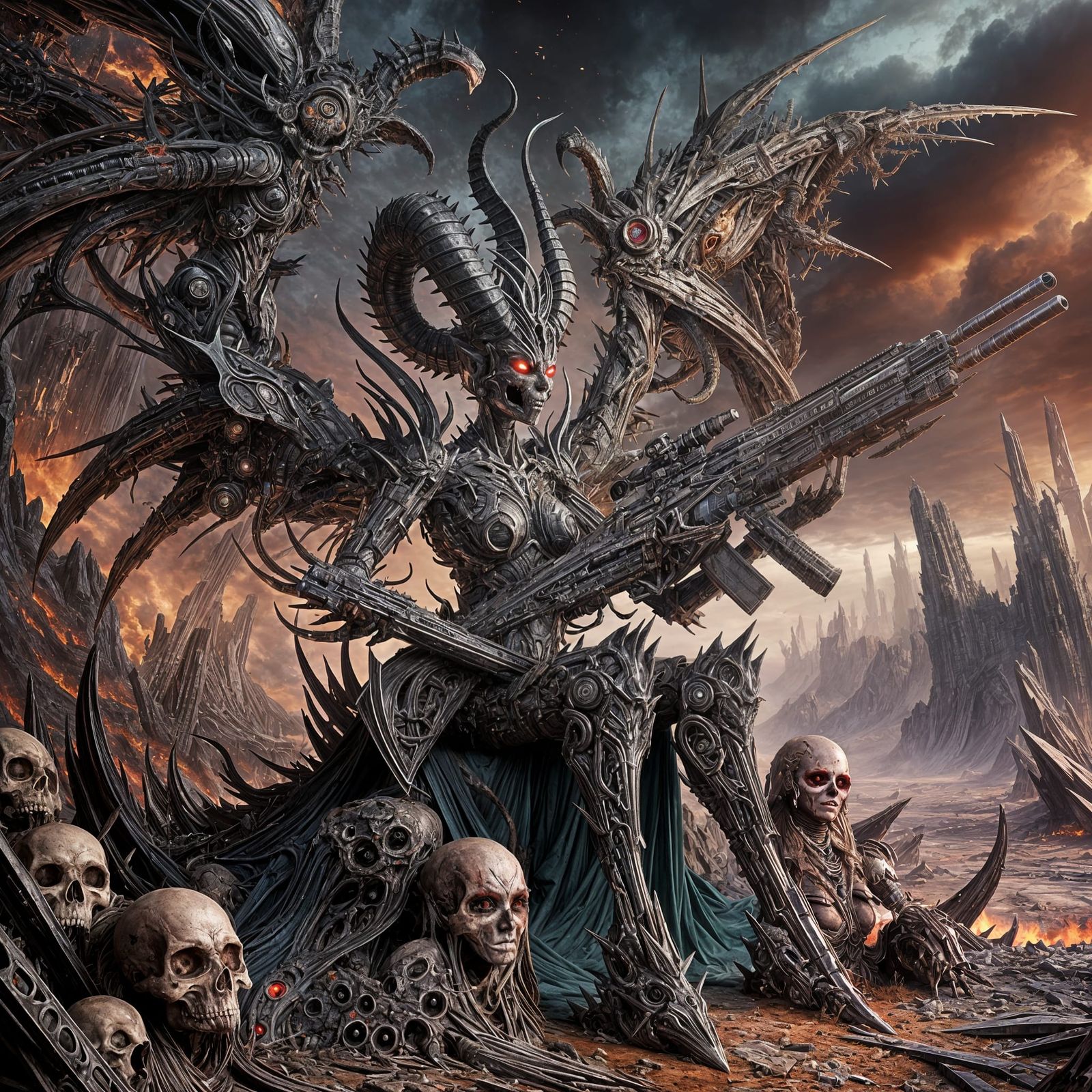 Colossal Sci-Fi Demoness on Throne of Metal