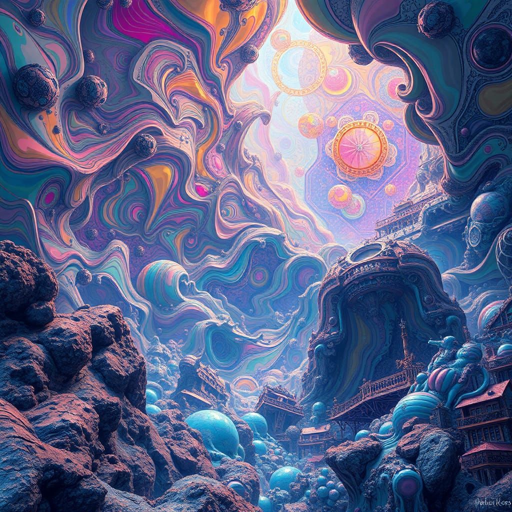 Surreal Iridescent Dreamscape in Mixed Media Style