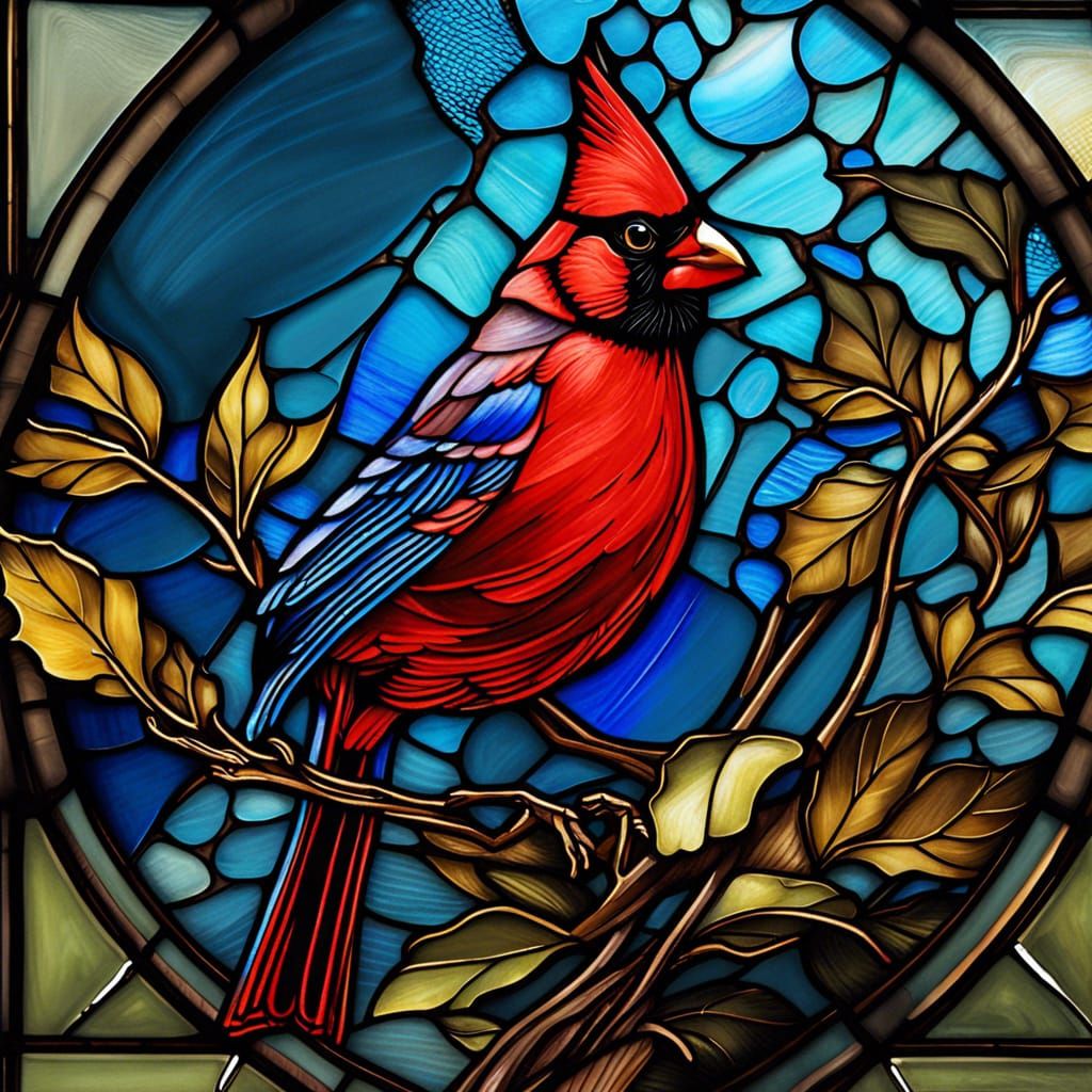 Blue Cardinal Stained Glass Window Art