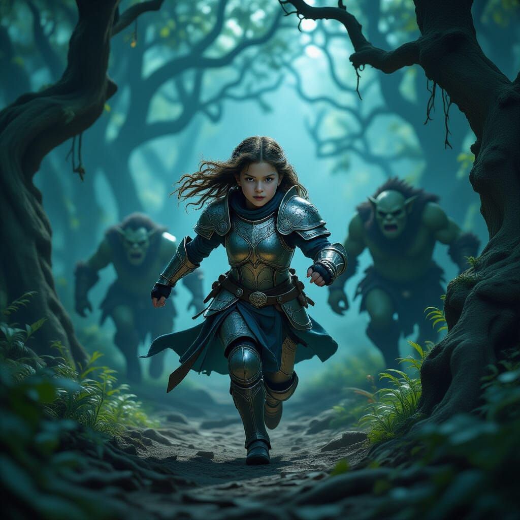 Girl in Armor Flees Ogres in Fantasy Forest