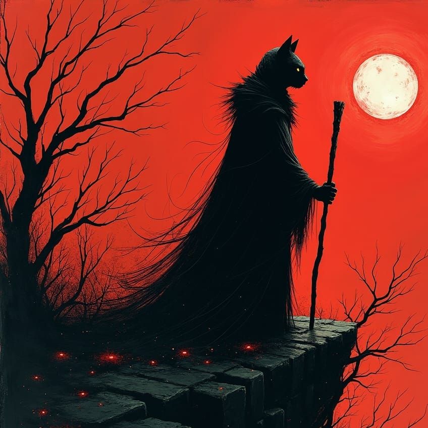 Cat Sorcerer in Scratchy Ink Style