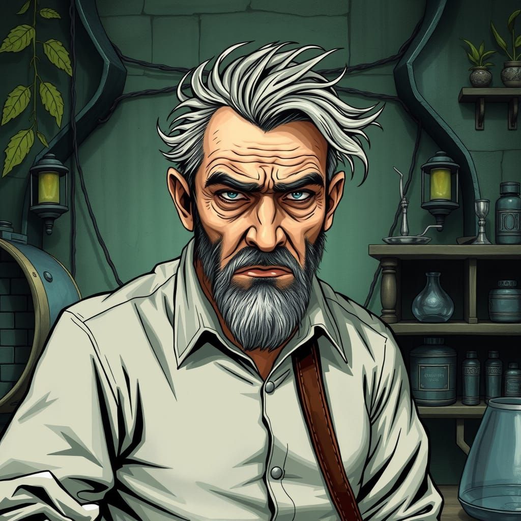 Frazzled Man in Medieval Lab: Fantasy Drawing