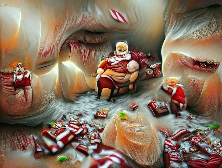 Nightmarish, Bloated Santa Claus with Elf Slaves