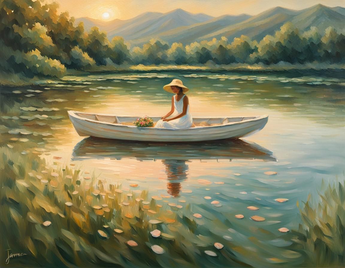 Woman in Boat on Lake as Impressionist Oil Painting