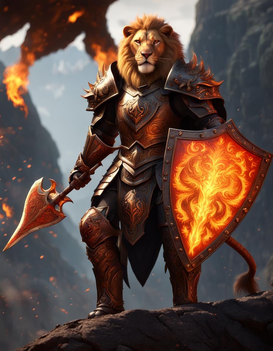 Leonin Paladin with Flaming Sword in Dark Armor