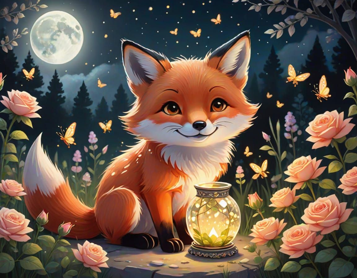Whimsical Fox Contemplates Fireflies in Rose Garden