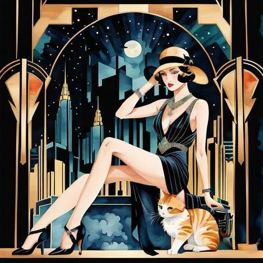Art Deco painting woman and cat