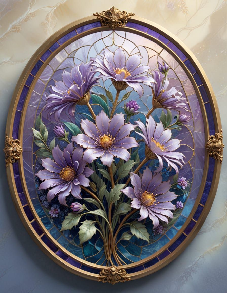 Victorian Stained Glass Aster Bouquet in Gold Frame