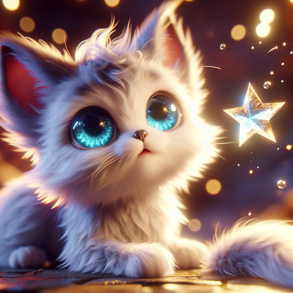 CGI Kitten Touches Floating Star: Fantasy Concept Art