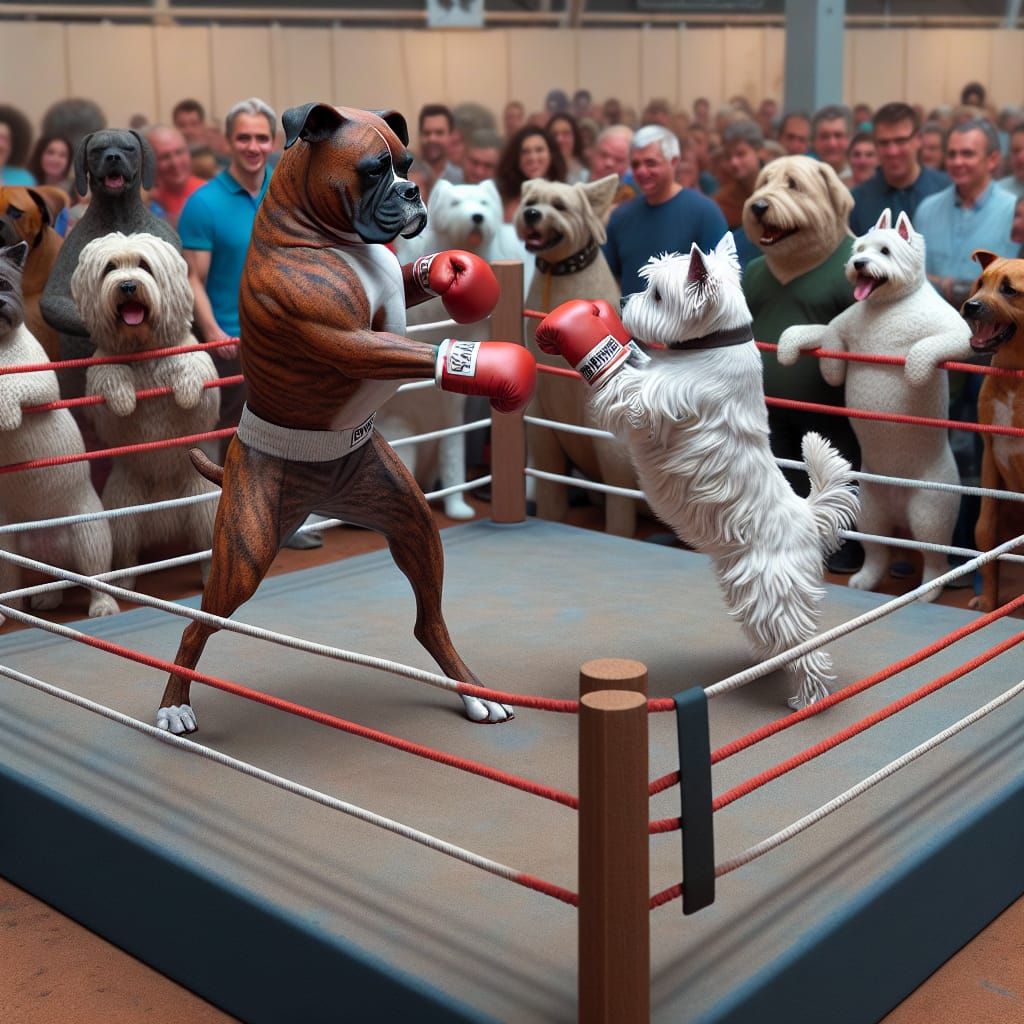 Dogs Boxing Match in a Boxing Ring