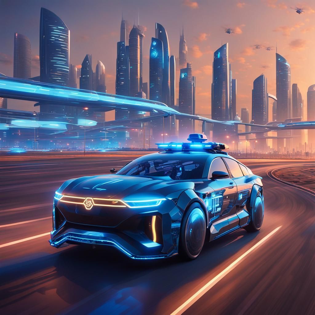 Futuristic Humanoid Police Car in Sci-Fi Cityscape