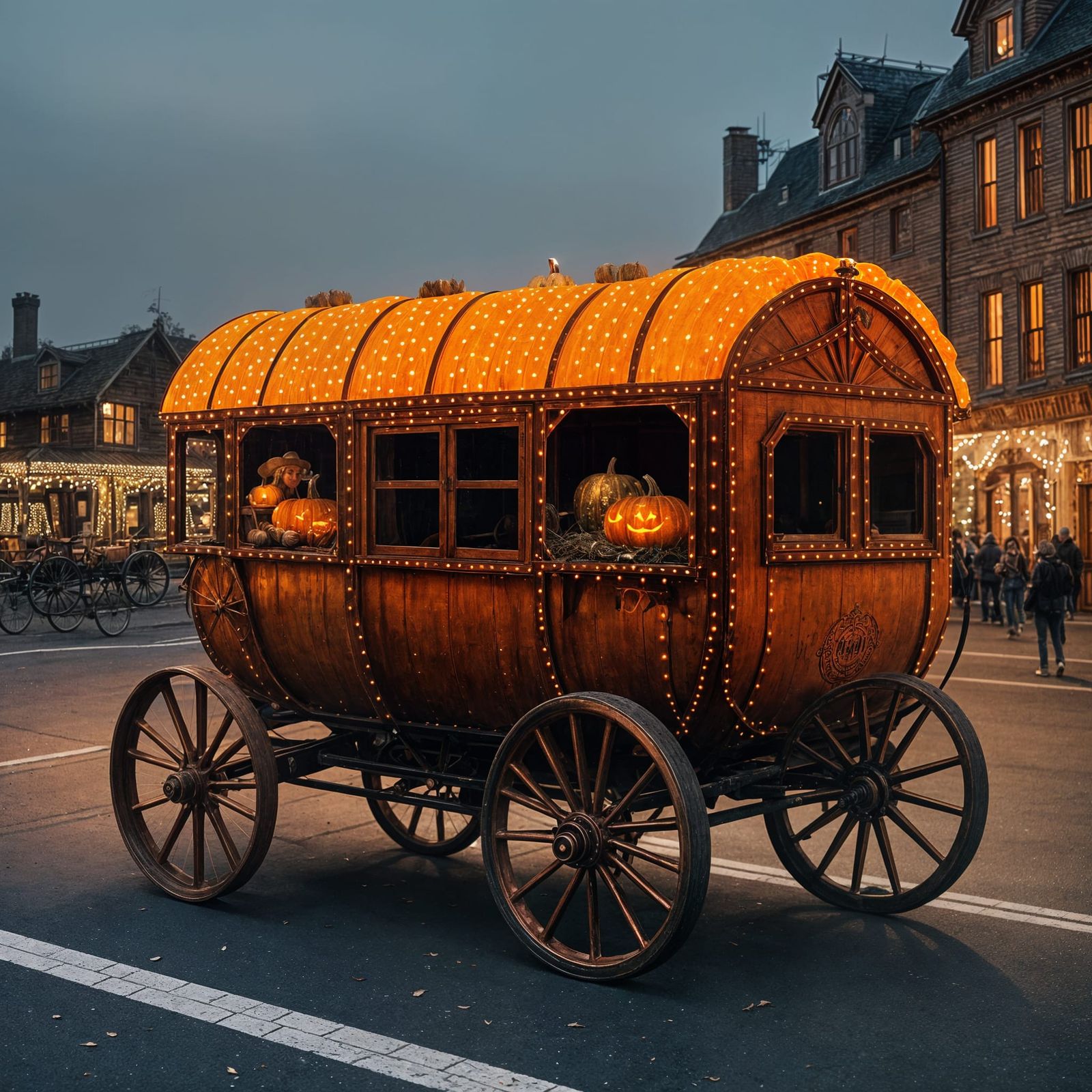 Copper Pumpkin Wagon With Girl, Glowing Orange at Night