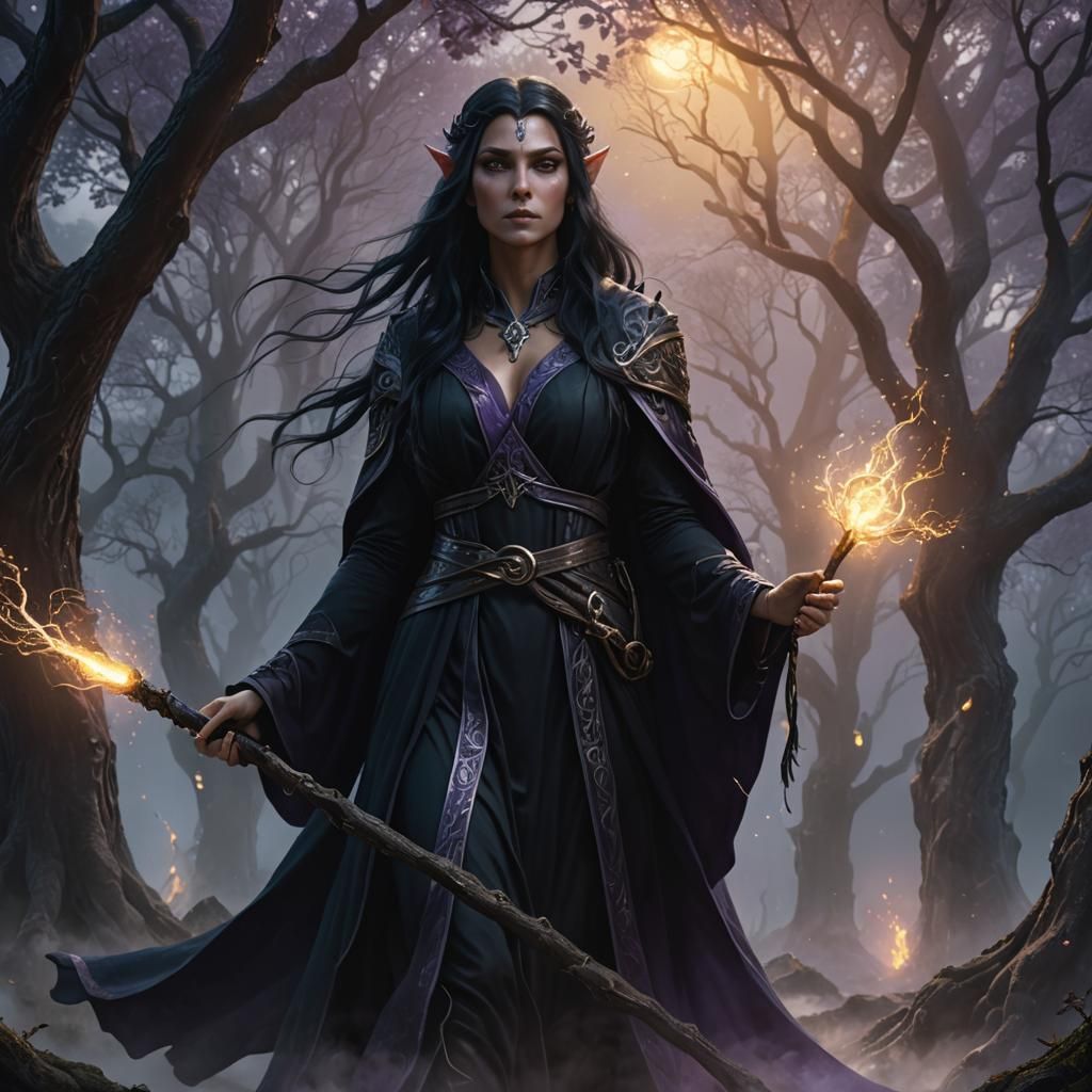 Female elf Shadow Wizard, long black hair with dark grey eye...