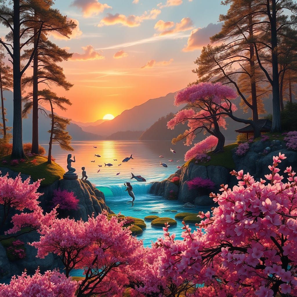 Serene Sunset Lake with Majestic Trees and Vibrant Coral Ree...